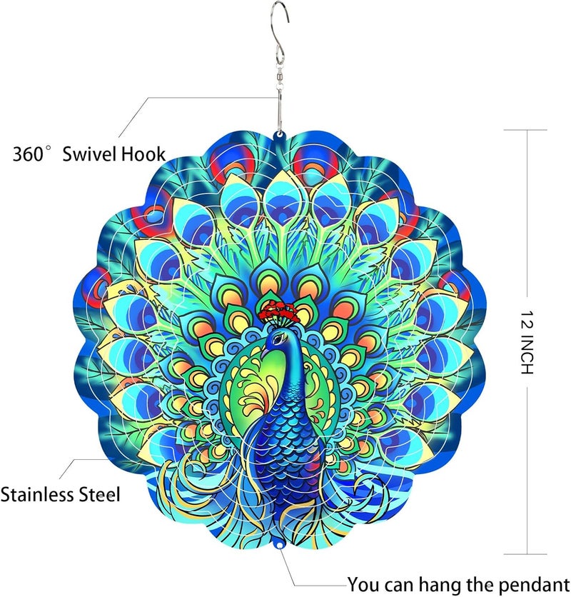 GOTOME Peacock Wind Spinners Outdoor for Women Mom Grandma,12inch Metal Hanging Wind Sculptures for Outside Decor, Peacock Ornament Presents for Yard Garden Decoration - Image 5